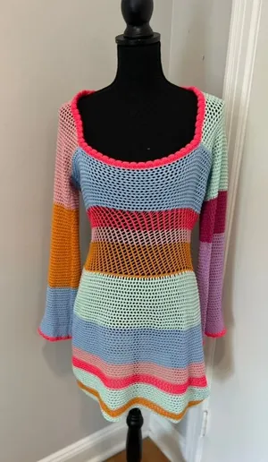 NWOT Bright colorful Y2K Boho Crochet Knit Mini Dress SzM Multi Striped Festival thumbnail 1