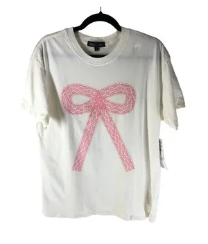 The Vinyl Icons Womens Graphic Boyfriend T Shirt Bow White Pink M thumbnail 1