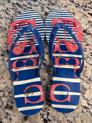 Coach Poppy Navy & Coral Striped Logo Flip Flops thumbnail 3