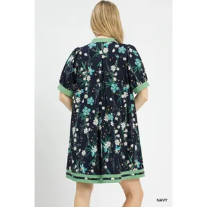 Umgee Floral Puff Sleeve Dress with Contrast‎ Trim - Navy - Large thumbnail 3