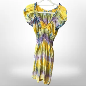 Boho Tie-Dye Peasant Dress | Smocked Waist | Made in India | Size Large thumbnail 3
