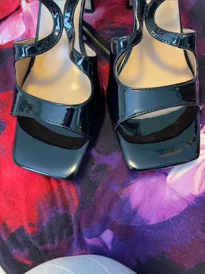 Black Patent Strappy Square-Toe Women's Heels with Ankle Wrap thumbnail 3