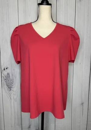 Jodifl Womens Sz Large Coral V-Neck Puff Sleeve Blouse Top thumbnail 1