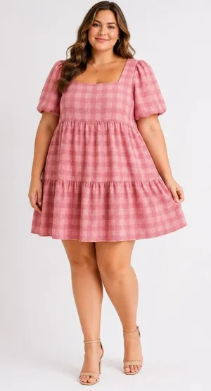 English Factory‎ Gingham Babydoll Dress Women 3X Pink Puff Sleeve Tiered Boho thumbnail 1