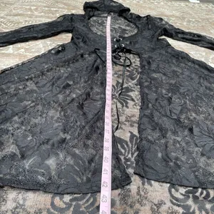 Whimsigoth Witchy Goth Hooded Sheer Lace Maxi Duster Cardigan Black Victorian M thumbnail 11