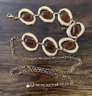 Gold Y2K Faux Amber Stone Chunky Oval Chain Belt, Fits 16-45 Inches, X7GA1385 thumbnail 1