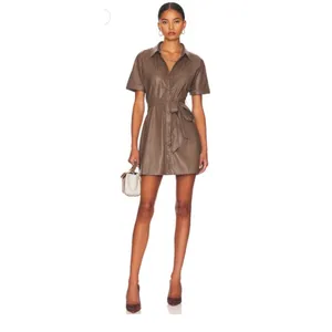 Heartloom Faux Leather Brown Mini Dress w Waist Tie Collar & Snap Buttons XS NWT thumbnail 5