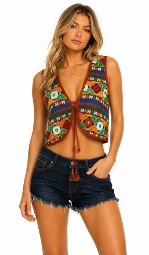 Retro Bohemian Multicolored Embroidered Tie Front V-Neck Cropped Vest thumbnail 1