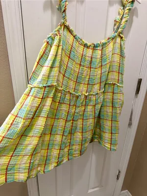 Anthropologie Plaid gauze Ruffle Mini Dress Boho Babydoll yellow size XL thumbnail 6