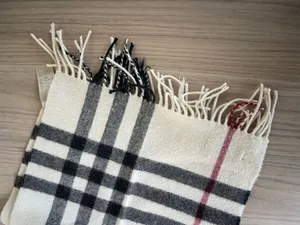 Burberry Cream Plaid Cashmere Scarf with Black and Burgundy Stripes thumbnail 5