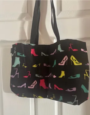 Macy’s Medium Reusable Canvas Tote Bag with Colorful Shoe Print - Black thumbnail 1