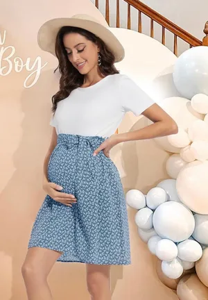 Blue Floral Tie Waist Maternity-Friendly Dress Size M thumbnail 1