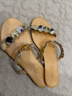 SCHUTZ Gold Leather Slide Sandals with Decorative Metallic Discs size 9 thumbnail 2