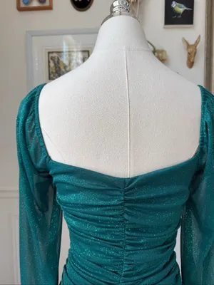 Vintage Y2K Jump Apparel Green Glitter Ruched Long Sleeve Mini Dress XS thumbnail 7