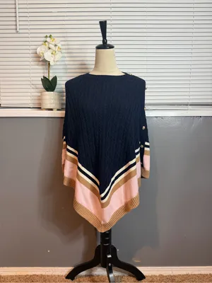 Talbots Cable Knit Cashmere Blend Poncho Navy Pink Camel Colorblock Cape XS thumbnail 2