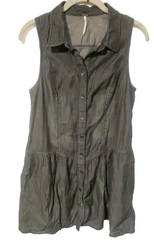 Free People Size Medium Dark Grey Cotton Sleeveless Button Down‎ Shirt Dress thumbnail 1