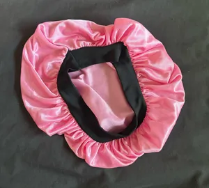 Pink Satin Hair Bonnet with Black Trim thumbnail 1