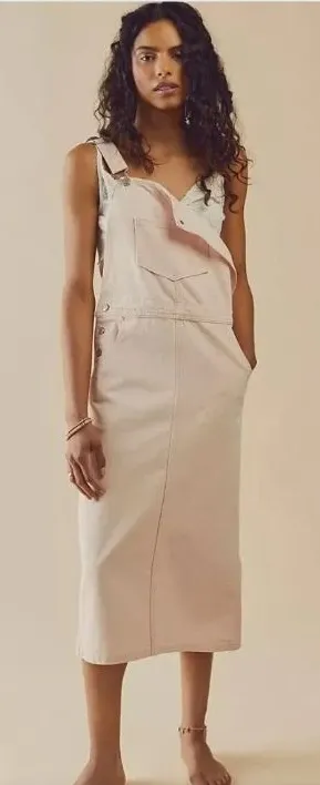 Levi's Hendrix Denim Skirtall Dusty Pink Overall Midi Dress XS thumbnail 1