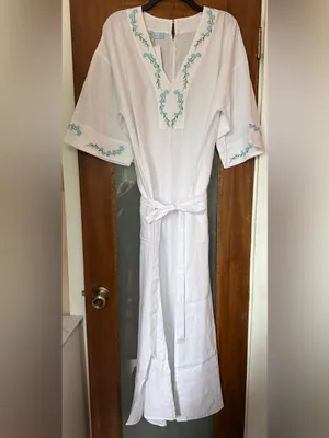 Andie x Fanm Mon Kepez Maxi LINEN Kaftan Dress Blue Floral Embroidery NWT MED thumbnail 9