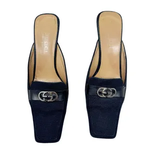 Gucci GG Logo Canvas Mule Heels Black Square Toe Slide Pumps 7.5 Made in Italy thumbnail 2