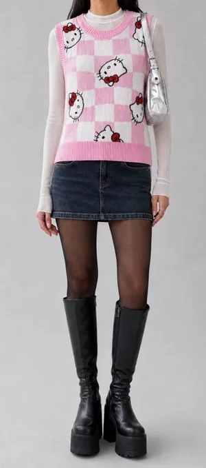 Hello Kitty Pink Checkered Knit Sweater Vest Size Small Sanrio thumbnail 1