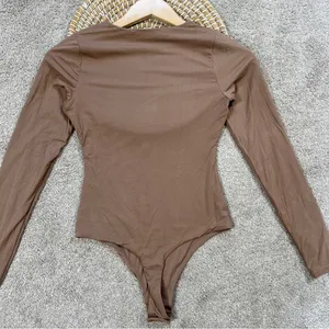 Pumiey Brown Crew Neck Long Sleeve Bodysuit Second-skin Feel Tops in Latte S thumbnail 9