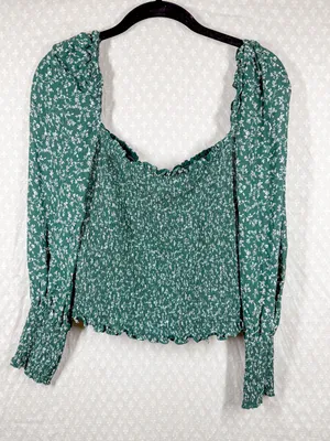 Reformation Green‎ White Floral Smocked Pinto Puff Sleeve Top thumbnail 2