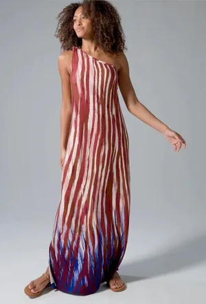 Soma Jersey Knit One-Shoulder Maxi Bra Dress Sahara Striped Ombre Pattern thumbnail 1