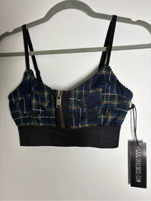 Current Mood Dolls Kill Navy Green Plaid Zip-Front Bralette top thumbnail 3