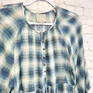 Maeve Plaid Babydoll Tunic‎ Top Henley Button Front Blue Cream Plaid Womens XS thumbnail 6