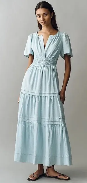 Anthropologie Somerset Maxi Dress Corydalis Blue Lurex Swiss Dot Tiered Size M thumbnail 1