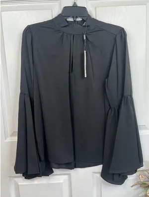 T Tahari Blouse Womens Size S Black Mock Neck Keyhole Large Bell Sleeve Chic thumbnail 1