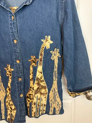 Dressbarn VTG Denim Blouse Top Giraffe Appliques Shirt Beaded Embroidered Med thumbnail 2