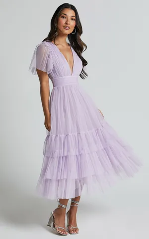 New Showpo Jiraye Midi Dress Flutter Sleeve Tuelle Plunge Dress Size Large thumbnail 2