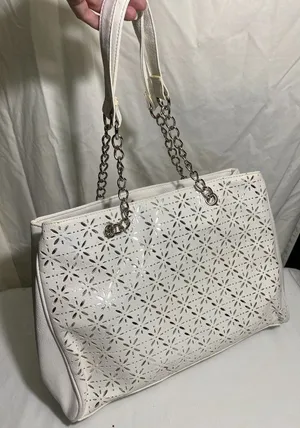 White Faux Leather Tote Bag Silver Floral Cutout Shoulder Purse Chain Handles thumbnail 1