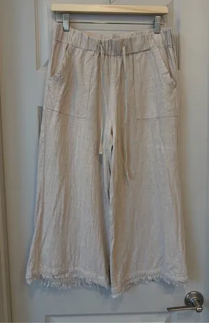 Natural Beige Linen-Blend Wide Leg Frayed Hem Pants thumbnail 1