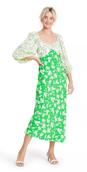 Rixo x Target Daisy Long Sleeve Green Floral Swing Dress Midi Size 14 thumbnail 1
