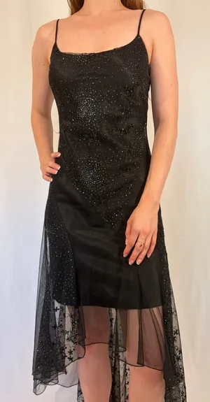 Sparkly Black Open Back Tie Overlay High Low Y2k Dress thumbnail 1