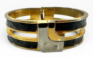 Loewe Gold Tone Black Leather Hinged Bangle Cuff Bracelet 7in Logo Designer thumbnail 1