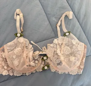 For Love And Lemons Blush Lace Underwire Bra with Green Rosebud Trim thumbnail 1