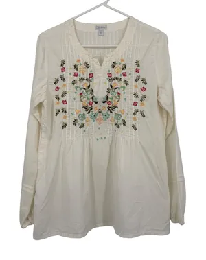 Relativity Womens White Cotton Embroidered Pintuck Long Sleeve Peasant Blouse S‎ thumbnail 1