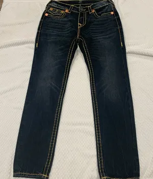 True Religion Women's Dark Blue Skinny Jeans with Yellow Contrast Stitching thumbnail 1