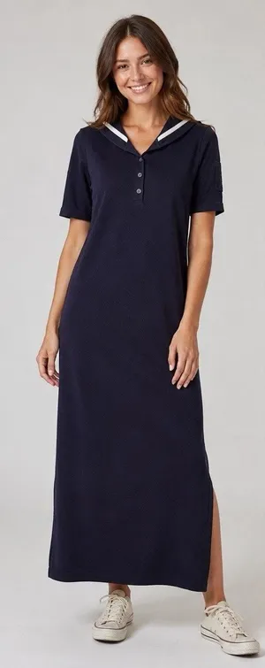 VTG Lauren Ralph Lauren Old Money Marine Ribbed Knit Cotton Maxi Dress Navy S thumbnail 1