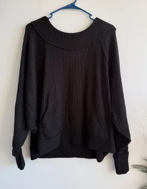 We The Free Free People Black Waffle Knit‎ Thermal Scoop Neck Top Small 3704 thumbnail 1