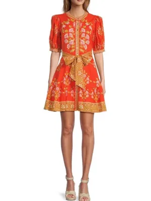 A Loves A Floral Puff-Sleeve Orange Belted Linen Mini Dress New Size Small thumbnail 15