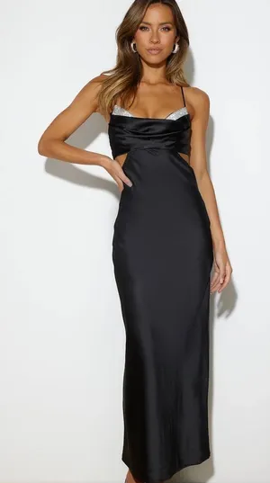 Hello Molly Black Satin Spaghetti-Strap Cutout Maxi Dress with Silver Trim SZ 4 thumbnail 1