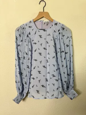 Ganni‎ Blue Floral Georgette Long Sleeve Blouse Womens Size 36 / US 4 thumbnail 2