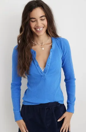 Aerie Road Trip Henley - Blue Ribbed Long Sleeve Button Up Top - Size M thumbnail 1