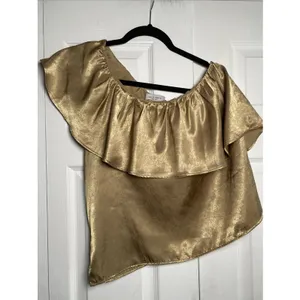 Lola & Sophie One Shoulder Ruffle Top Womens Size S Gold Metallic Party Blouse thumbnail 2