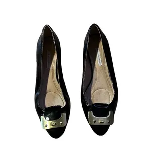 Diane Von Furstenburg Women's Black Patent Leather Ballet Flats Metal Buckle thumbnail 2